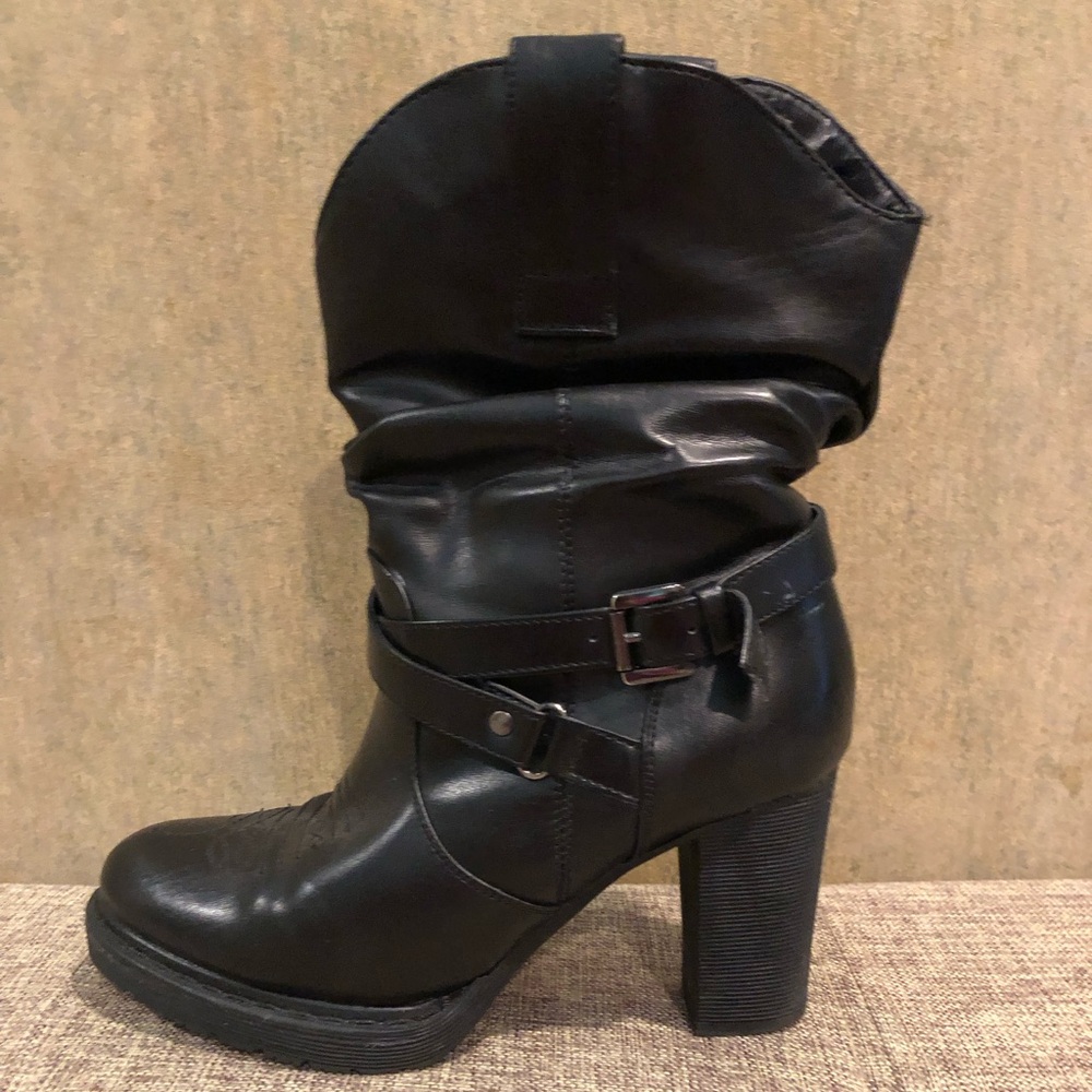 Roper Black Heeled Boots with Chunky Heel and Buckle Detail